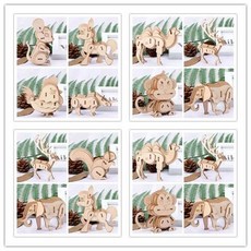 木質多款崑蟲動物立體3D拚圖拚闆玩具，幼兒園禮物創意DIY拚裝模型，安全木質玩具, 隨機動物1款, 1個