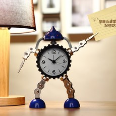 金屬機器人學生用卡通兒童靜音鬧鐘創意可愛鬧鈴牀頭鍾, 藍色:如圖