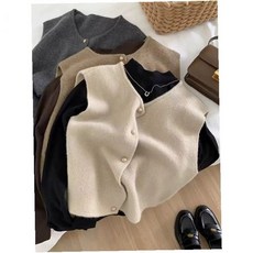 니트 베스트 여성 봄 가을 조끼 레이어드 오버핏 민소매 라운드넥 베이지 데일리
