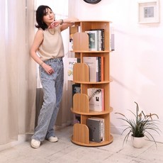 台灣製低甲醛四層圓型旋轉書櫃 收納櫃 置物櫃 展示架 雜誌架 文件櫃 書架, 櫸木色, 4
