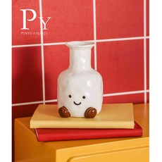 PINYUANJIAJU 可愛笑臉陶瓷花瓶，家用客廳桌面創意裝飾擺件, 笑臉花瓶x1