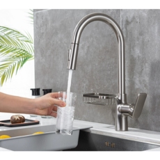 帶籃現貨槍灰色全銅廚房水龍頭360度抽拉伸縮冷熱水洗菜盆水槽龍頭附籃子, 1個, 拉絲銀
