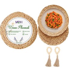 MDH 수제 플레이스 매트 매트 냅킨 링 포함 천연 워터 히아신스 우븐 콤비네이션 테이블 농가 스타일 파티 다이닝 주방용 (2 30cm(11.8인치)), 2