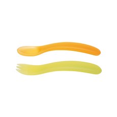 寶寶學習湯匙叉子組，安全無毒，圓潤設計，人體工學，鮮豔色彩, 橘+綠, 1套, 2入附盒