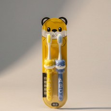 24H出貨 萌趣熊熊兒童牙刷 3-12歲適用 寶寶軟毛造型牙刷 防滑不易掉毛, 1個, 藍+黃, 2個裝