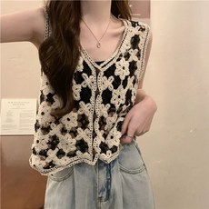 여름 뜨개 조끼 민소매 브이넥 니트 손뜨개 숏 그물조끼 펀칭