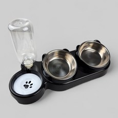 반려동물 2구 스테인리스 식기 급수 세트, 블랙