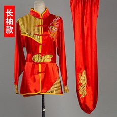 武術服裝 練功服 功夫表演服 運動會 太極服 透氣速乾寬鬆, 紅色長袖龍刺繡 收藏送腰封,110號身高105-115cm