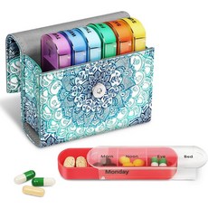 핀팩 주간 알약 정리함 하루 4회 슬라이드 오픈 PU 가죽 케이스 여행용 비타민 약 알림 및 아침용 이름 카드가 포함된 플래너 오후 저녁 취침 시간 에메랄드 착시, Emerald Illusions