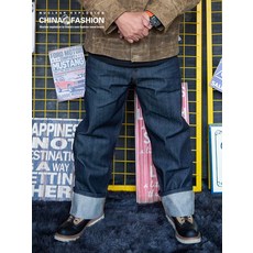 남성용 빈티지 워싱 데님 팬츠 스트레이트 일자 청바지 사계절 캐주얼 루즈핏 기본핏, 진파랑, L 80kg 미만