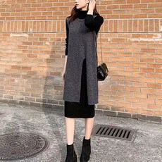 ORZQU 가을겨울 여성 캐주얼 트임 레이어드 조끼 미디 이너 원피스 투피스