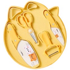 寶寶輔食工具收納案板萌趣組合套裝 嬰兒輔食刀具套裝 便攜嬰兒輔食剪套裝 兒童輔食餐具 寶寶專用輔食刀具 5件套料理套裝, 黃色, 1套, 詳見包裝