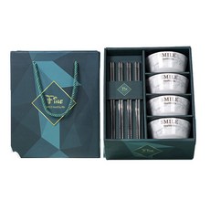Fine 일식 대리석무늬 도자기 한식기세트, (젓가락 + 공기) x 4개, 화이트, 1개