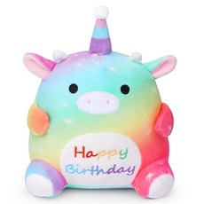 해외 ZeffuLyne Happy Birthday 소 봉제 동물 20.3cm8인치 플러시 생일 선물 여아 아기 핑크 베개 및 파티 장식 미국매장정품+ 1723981, 다채로운 소.