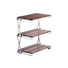 桌上置物架（附收納袋）露營桌面三層折疊收納架 實木金屬廚房置物架, 不銹鐵+胡桃色, 1個, 3層