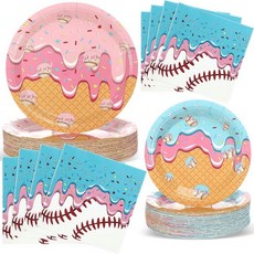 Remerry 아이스크림 드립 야구 파티 용품 일회용 17.8cm(7인치) 및 22.9cm(9인치) 플레이트 종이 냅킨 세트 스포츠 생일 베이비 샤워 장식 72피스, 72