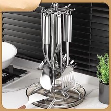 家用多功能360旋轉鍋剷廚房置物架臺麵掛勺子剷子廚具湯勺收納架, 【升級可360度旋轉款】黑色,加厚支架-加高46CM高 -帶接水盤, 1個