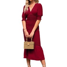 [ 1173961 ] 베리Go 여성용 우아한 스모크 러플 바디콘 미디 드레스 퍼프 슬리브 임산부 캐주얼 해변 파티 칵테일 펜슬 결혼식 손님용 버건디 XL 단색 버건디