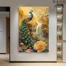 孔雀吉祥鳥花好月圓油畫壁畫，客廳玄關裝飾無框掛畫，提升居家藝術氛圍, B,40*60公分