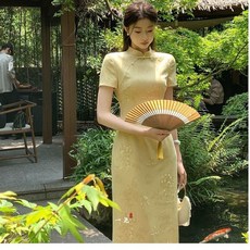 黃色改良古法旗袍新中式少女年輕款2026新款夏季氣質優雅連衣裙, L