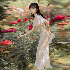 法式改良版旗袍連衣裙 復古氣質少女連身長裙