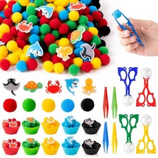 EZdhuawuse 모양 감각 상자 필러 - 295P 크리스마스 선물 모양 미세 운동 기능 장난감 숫자 세기 분류 세트 어린이 조기 교육 펠트 장식 폼폼 컵 클립 유치원, Summer Ocean Animal