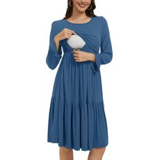 Smallshow 여성용 임산부 수유 드레스 긴소매 러플 모유 수유복 네이비 M 186025, M, 그레이 블루