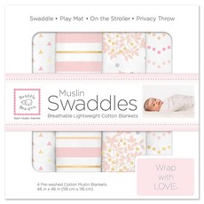 SwaddleDesigns 면 모슬린 포대기 담요 4개 세트 남아 및 여아용 속싸개 최고의 샤워 선물 116.8 x 116.8cm46 46인치 핑크 플로럴 109568, SwaddleDesigns 면 모슬린 포대기 담요, 4