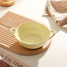 韓式奶油風雙耳陶瓷碗, 1個, 奶黃色,小號/不規則雙耳碗