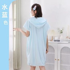 94%好評率 浴巾2025新款比全棉純棉傢用浴袍女大人可穿可裹戴式浴裙可穿睡袍, 水藍色短袖 連帽設計 加大加厚,寬鬆版型均碼 可穿80-200斤