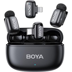 BOYA 보야 미니 무선 라발리에 마이크로폰 안드로이드/태블릿/PC용 USB C 플러그 노이즈 감소 30시간 배터리 수명 충전 케이스 포함 AI 음성 변조기 라펠 마이크로폰 무, 블랙, 2TX+USB-C RX+Lightning RX+1CC