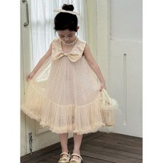 WEILI年輕女孩亮片網眼連衣裙，無袖彼得潘領夏季網眼連衣裙