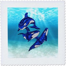 12x12 인치 퀼트 스퀘어 - 수중에서 헤엄치는 범고래 부족 예술 세 마리. 크리에이티브 스튜디오 – 트리벌 오션 애니멀스, 12x12 inch quilt square