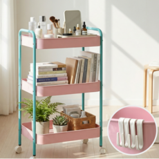 올리올망 철제 틈새 수납장 3단 선반 이동식 트롤리, 핑크 민트