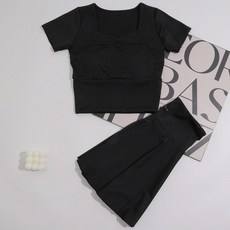 치마바지 팬츠 스윔 하이웨이스트 실내 비키니 바지 래쉬가드, 블랙 스커트+블랙 반팔