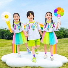 蓬蓬裙兒童演出服小學生舞蹈服夏季短袖套裝可愛彩色幼兒園表演服