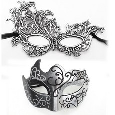 【可開票】-2 件/套情侶化妝舞會面具套裝男女通用眼罩蕾絲麵具彩繪半面罩加厚女士男士狂歡節面具服裝面具套裝派對化妝舞會婚, 黑色和銀色, 1個