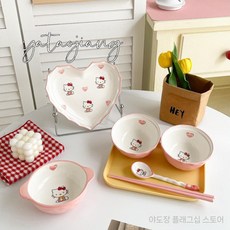 고양이 캐릭터 가정용 도자기 식기 세트, 그릇 + 밥그릇 2개 +접시 +수저