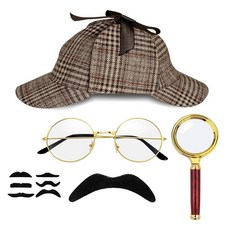 Wevgbv 탐정 코스튬 액세서리 세트 모자 드레스 업 코스튬 성인 남성 여성용 할로윈 스파이 의상 브라운-9 원사이즈