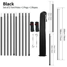 2 개의 텐트 폴 세트 조정 가능한 방수 폴란드 태양 대피소 용 강철 막대 페그 및 로프가있는 방수포 캐노, 02 Set of 5 Black