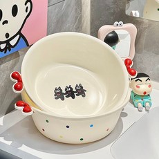 高顏值家用塑料洗臉盆 - 學生宿舍必備卡通洗衣盆/洗澡盆, 蝴蝶結把手[臉盆兩個裝],印刷貓咪+多巴胺小波點貼, 1個
