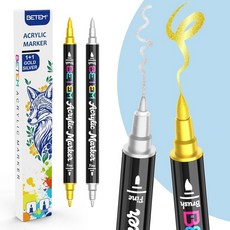 베템 골드 & 실버 아크릴 페인트 펜 2팩 듀얼 팁 메탈릭 마커 파인 브러시 블랙 페이퍼 스크랩북 사진 앨범 록 페인팅 카드 제작용, Gold&Silver, 2