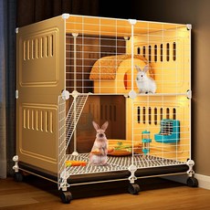 兔子籠子 家用特大號 防噴尿兔籠 冬天保暖睡窩 豚鼠籠 二層平臺別墅 豪華兔窩 寵物籠 貓籠, 1個, 雙層【70*45*82】帶平臺+滑輪,簡約款:芝士兔別墅+腳墊+托盤+雙層送爬