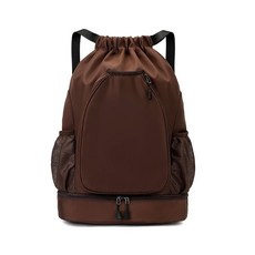 台灣出貨 羽球背包 羽球後背包 大容量運動背包 網球包 乾濕分離抽繩束口健身背包, 咖啡色, 1個