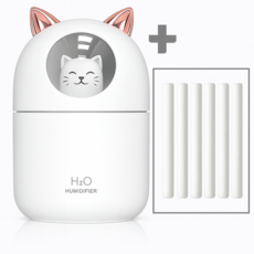 미니 초음파 저소음 차량용 사무용 고양이 가습기 가습기 필터 6개 제공, 화이트