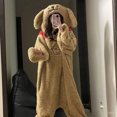 可愛小狗情侶連體加厚耐凍睡衣珊瑚絨卡通動物睡衣冬天居家服情侶搞怪睡衣睡袍套裝毛絨睡衣