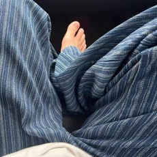 特大碼美式複古豎條紋港味睡褲男女寬鬆簡約闊腿家居褲外穿