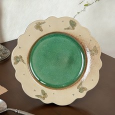 創意手捏手繪復古裂變釉陶瓷盤 家用擺件裝飾盤, 綠色