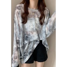 長袖防曬罩衫 薄長袖上衣 薄款透明防曬空調罩衫上衣ins潮扎染長袖t恤女夏季慵懶風寬松網