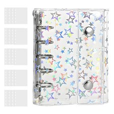 SONGSONG 스티커북 투명 여자 아이용 5구멍 클리어 바인더 떼어낼 수 있음 스티커 스티커 수첩 바인더 클리어 바인더 소품 정리 응원 활동용 굿즈 (홀로그램 별무늬 포함 M